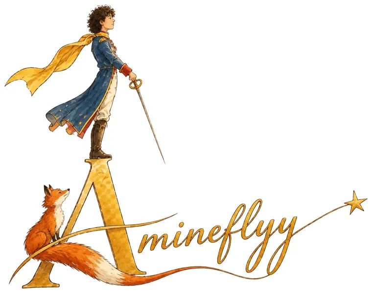 Logo Amineflyy : aviateur debout sur un A doré, avec un renard
